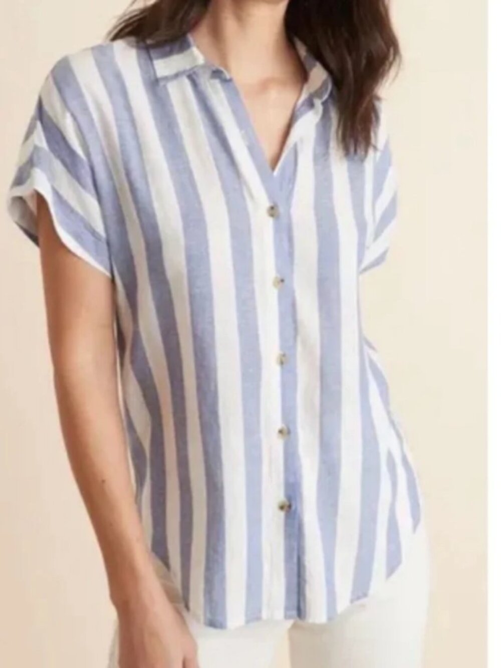 Marine Layer Dana Stripe Short Sleeve Linen Blend Button-Up Shirt Blue White S